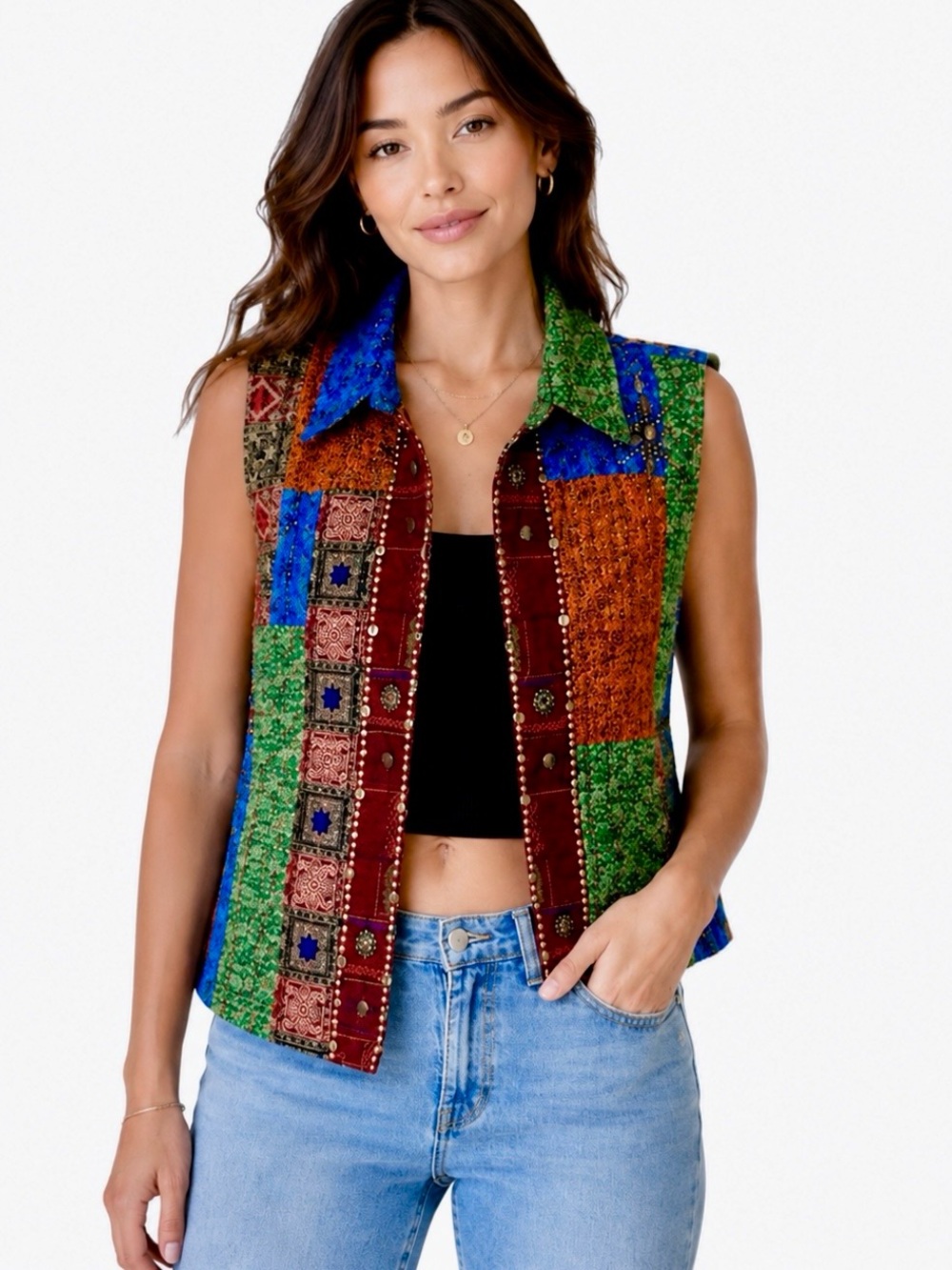 Chico’s Vintage Patchwork Embellished Statement Vest Metallic Boho Artwear Sz 2